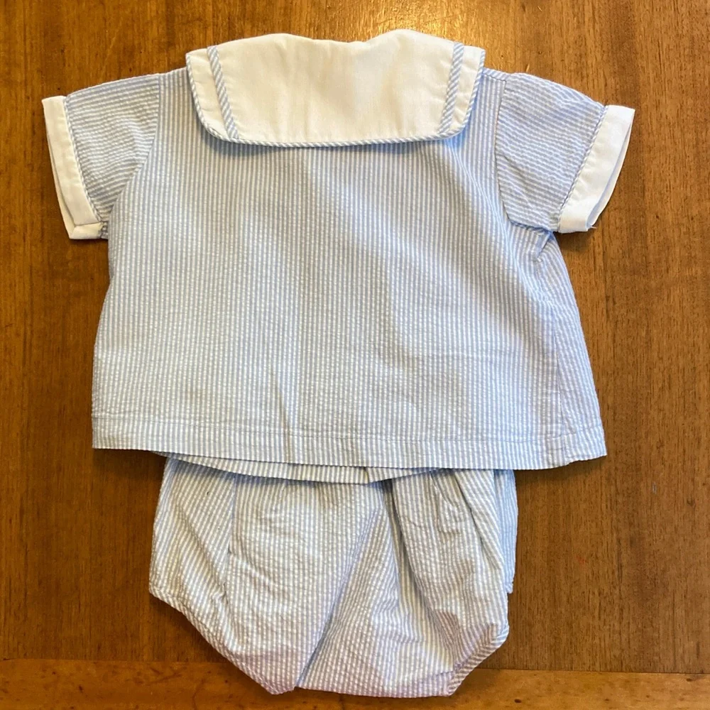 Vintage 60s Two Piece Baby Sailor Suit Blue and White Seahorse 3-6mo - Picture 3 of 11